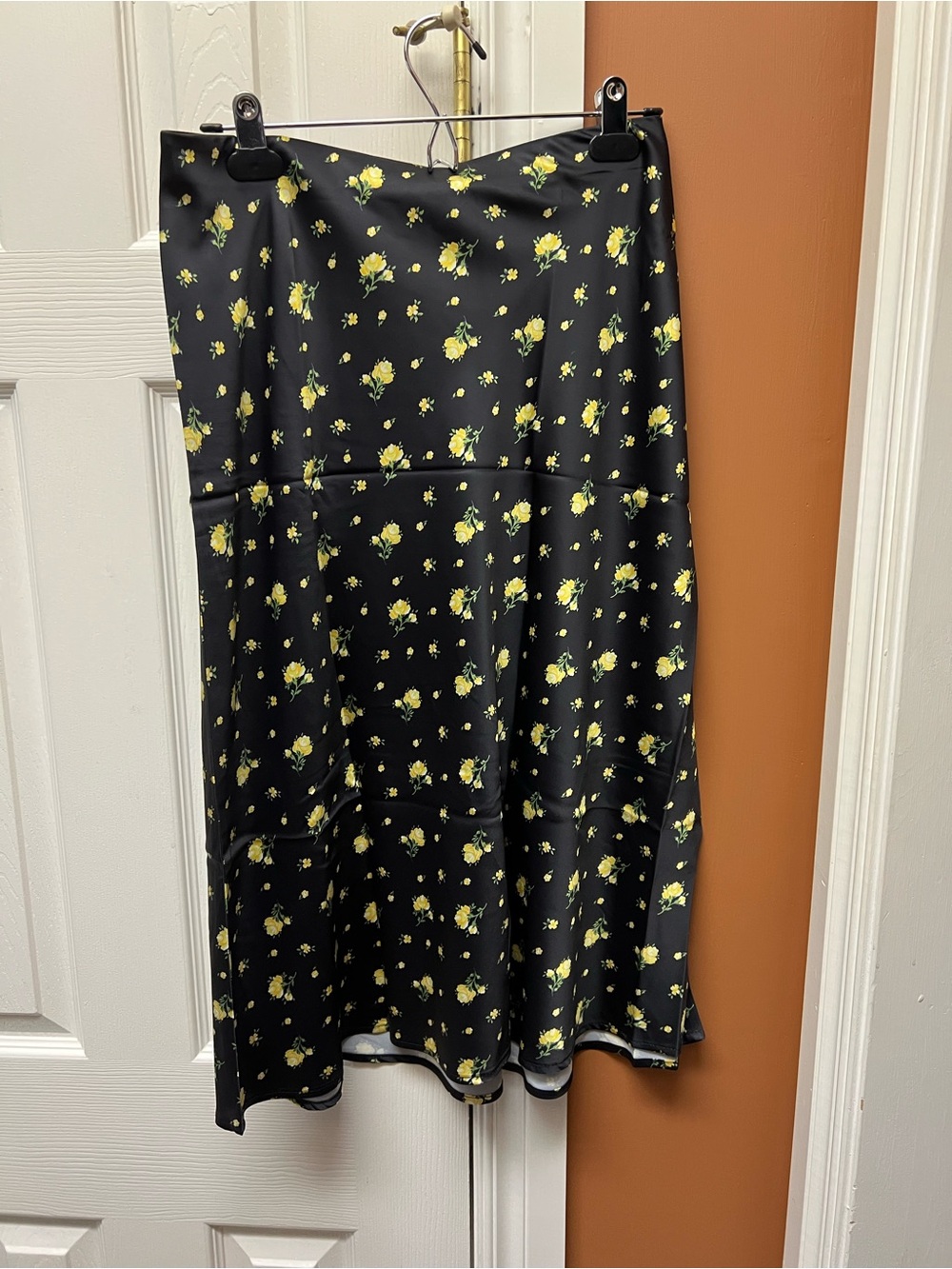 Black Midi Skirt with Yellow Floral Print